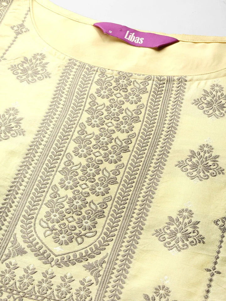 Yellow Woven Design Silk Blend Straight Kurta With Trousers & Dupatta - Libas