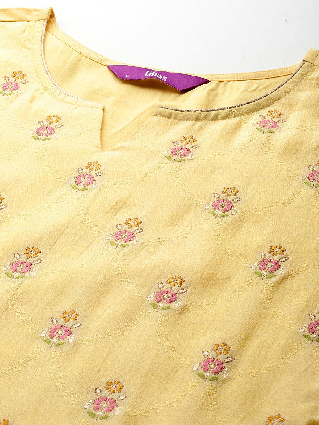 Yellow Woven Design Silk Blend Straight Kurta With Trousers & Dupatta