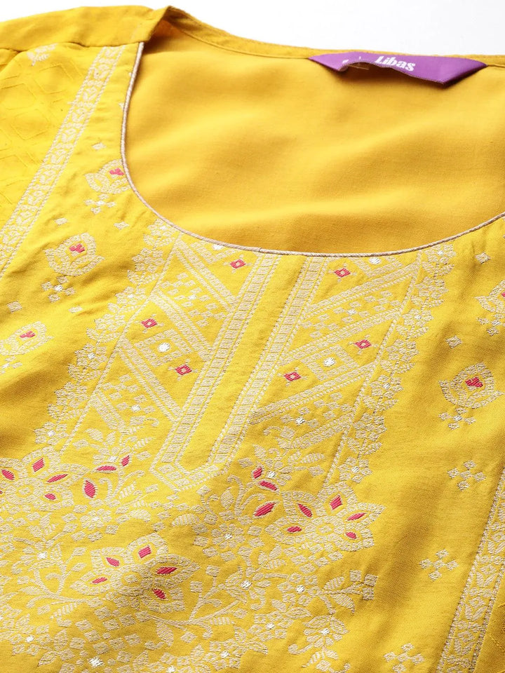 Yellow Woven Design Silk Blend Straight Kurta With Trousers & Dupatta - Libas