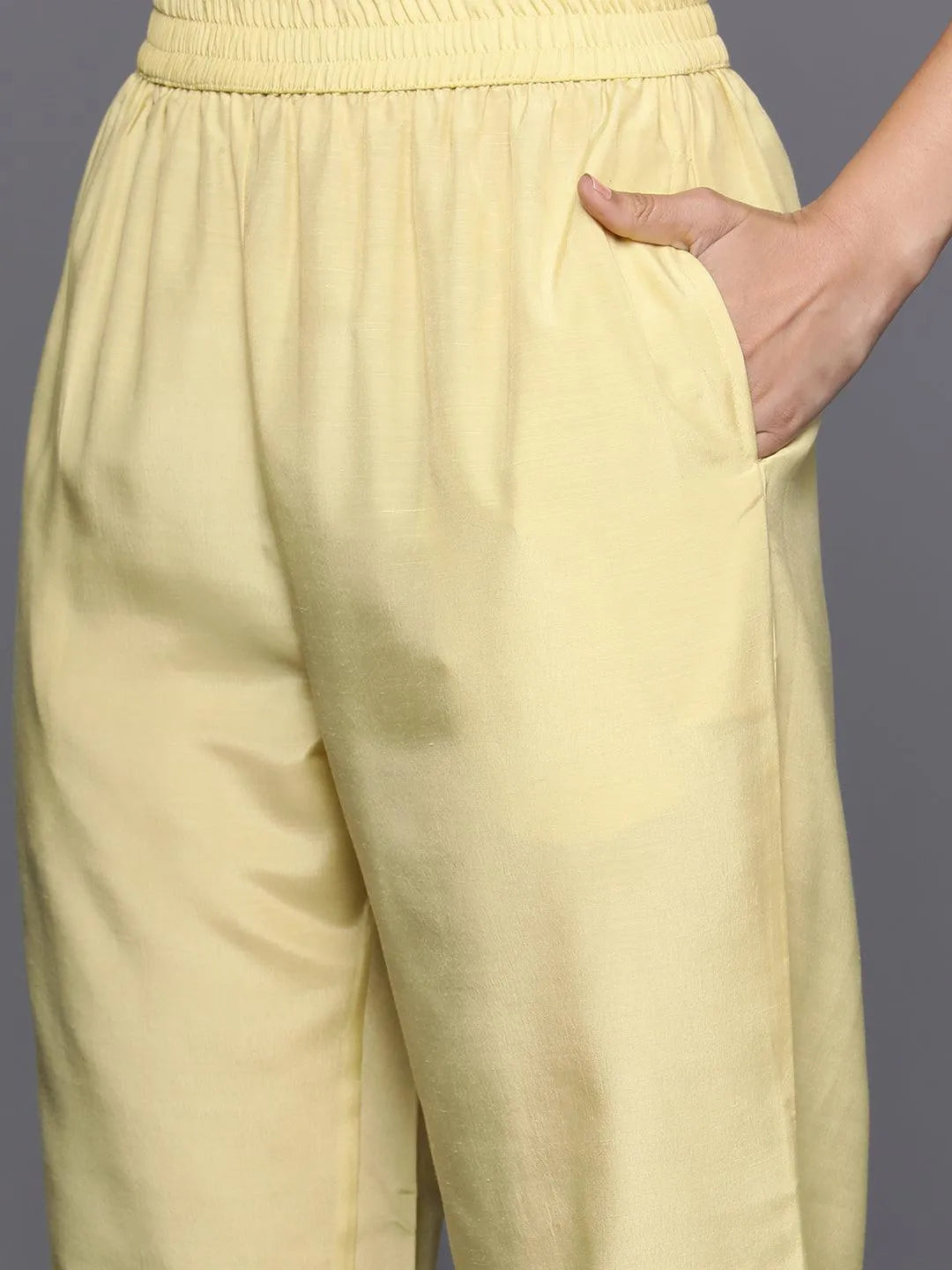 Yellow Woven Design Silk Blend Straight Kurta With Trousers & Dupatta - Libas 