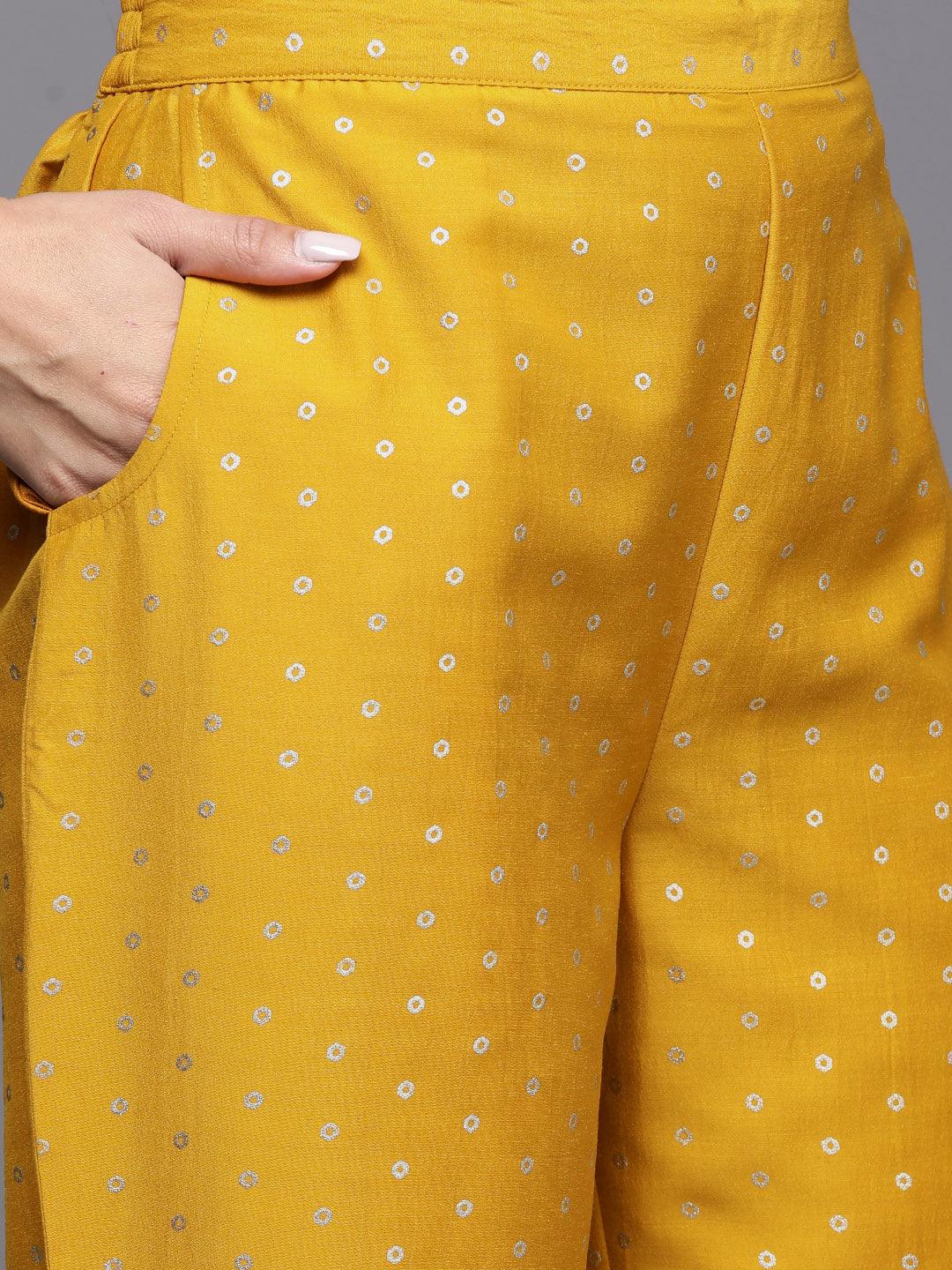 Yellow Woven Design Silk Blend Straight Kurta With Trousers & Dupatta - Libas