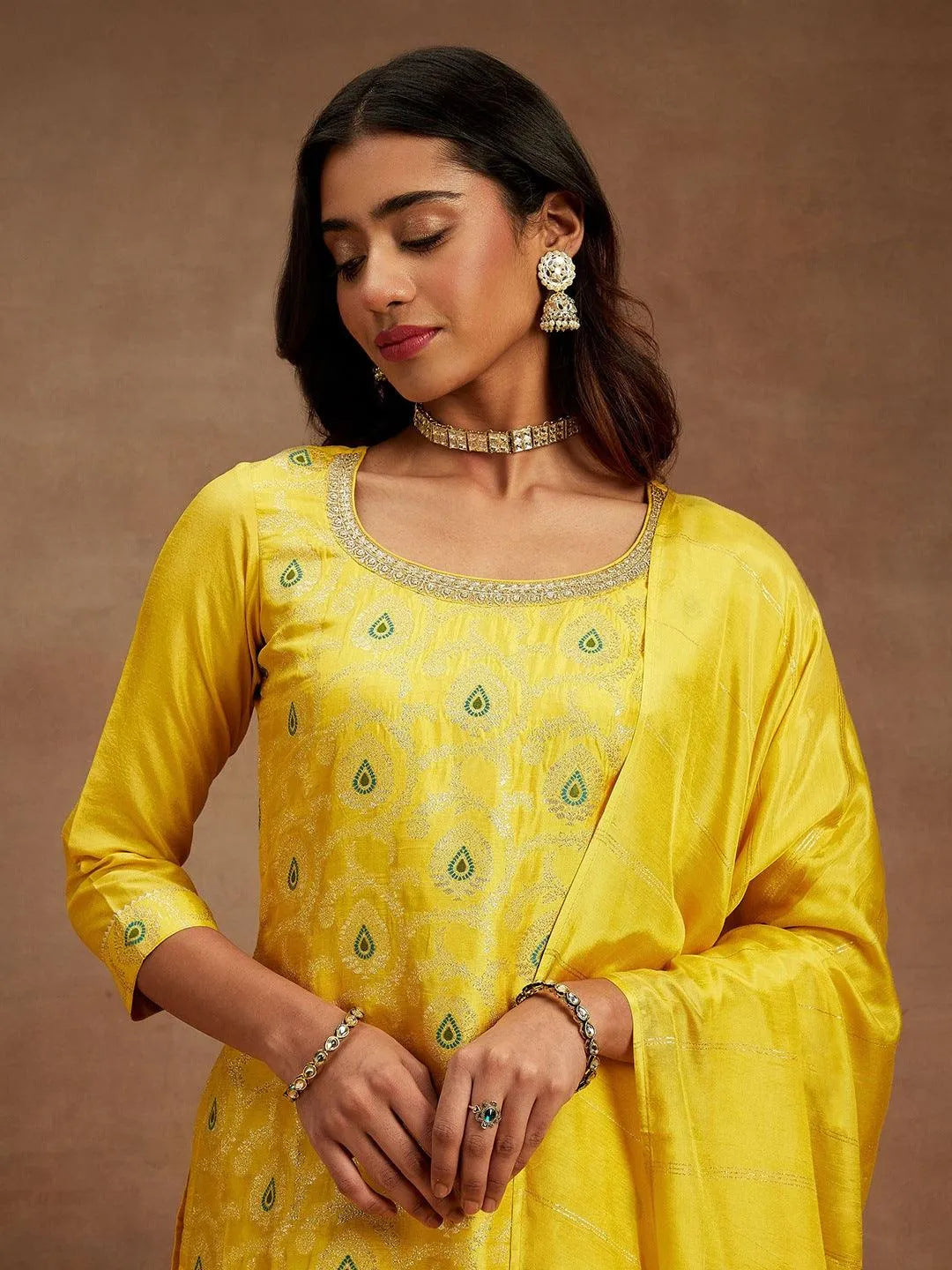 Yellow Woven Design Silk Blend Straight Kurta With Trousers & Dupatta - Libas 