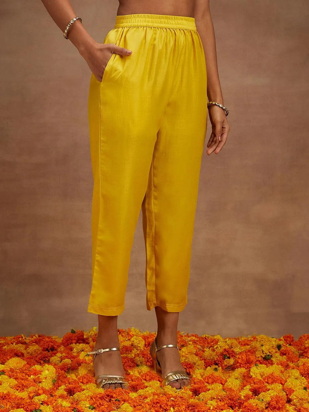 Yellow Woven Design Silk Blend Straight Kurta With Trousers & Dupatta - Libas 