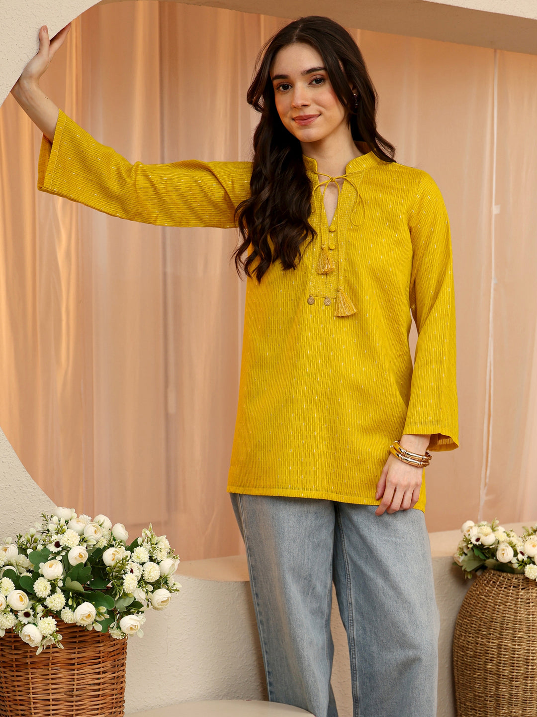  Yellow Woven Design Silk Blend Straight Short Kurti 