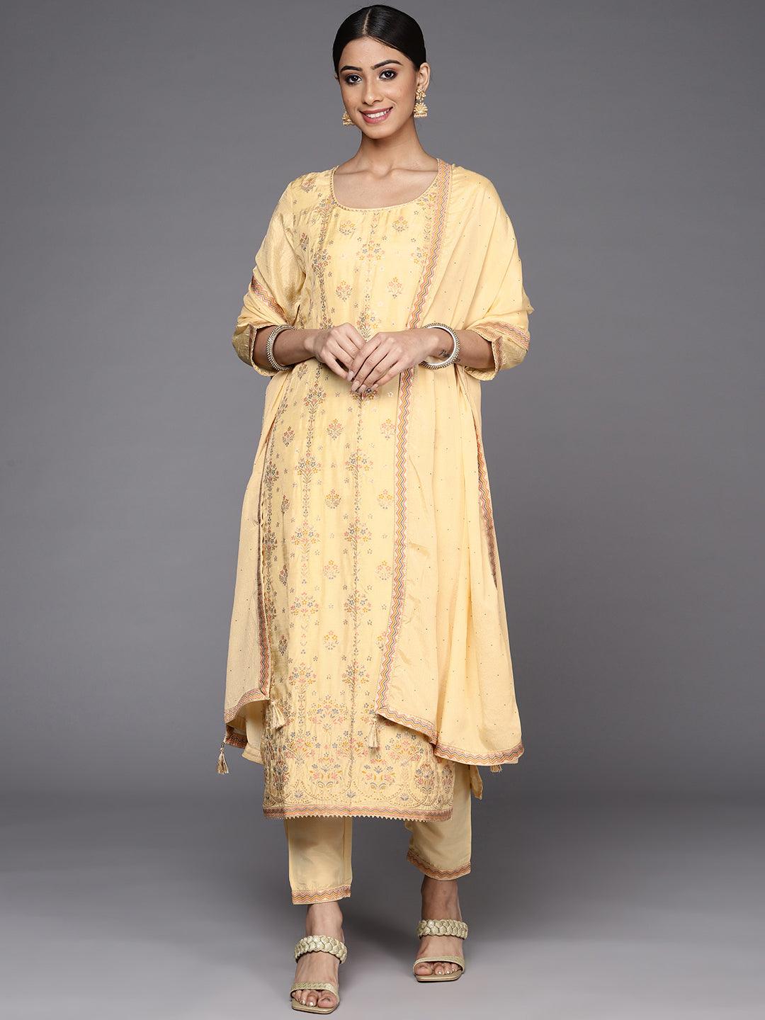 Yellow Woven Design Silk Suit Set - Libas
