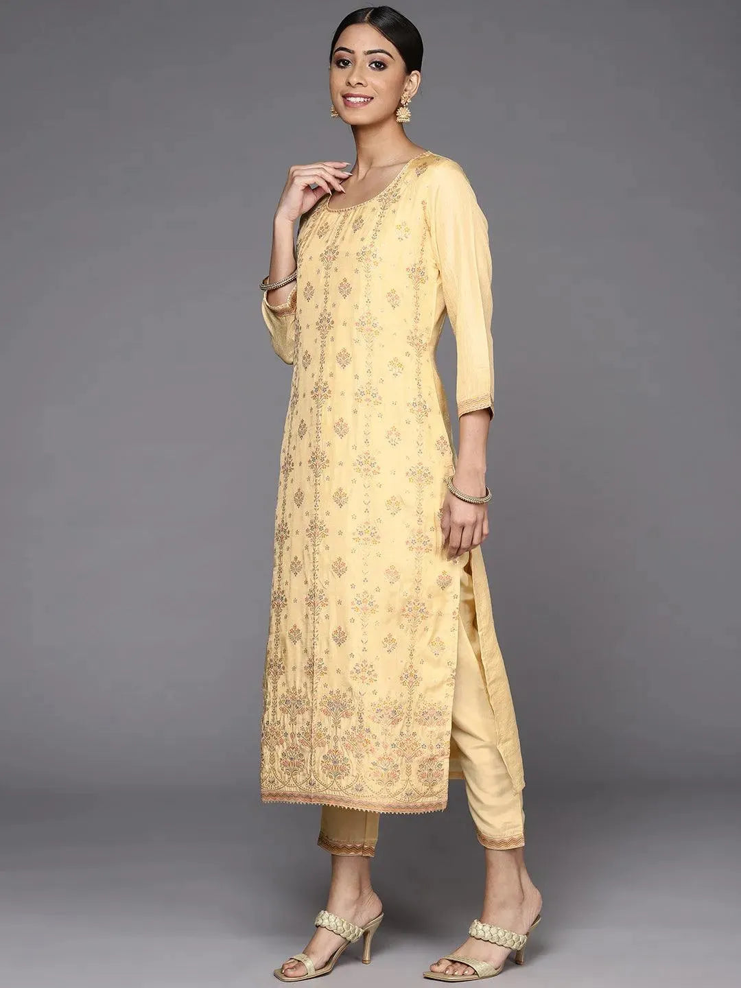 Yellow Woven Design Silk Suit Set - Libas 