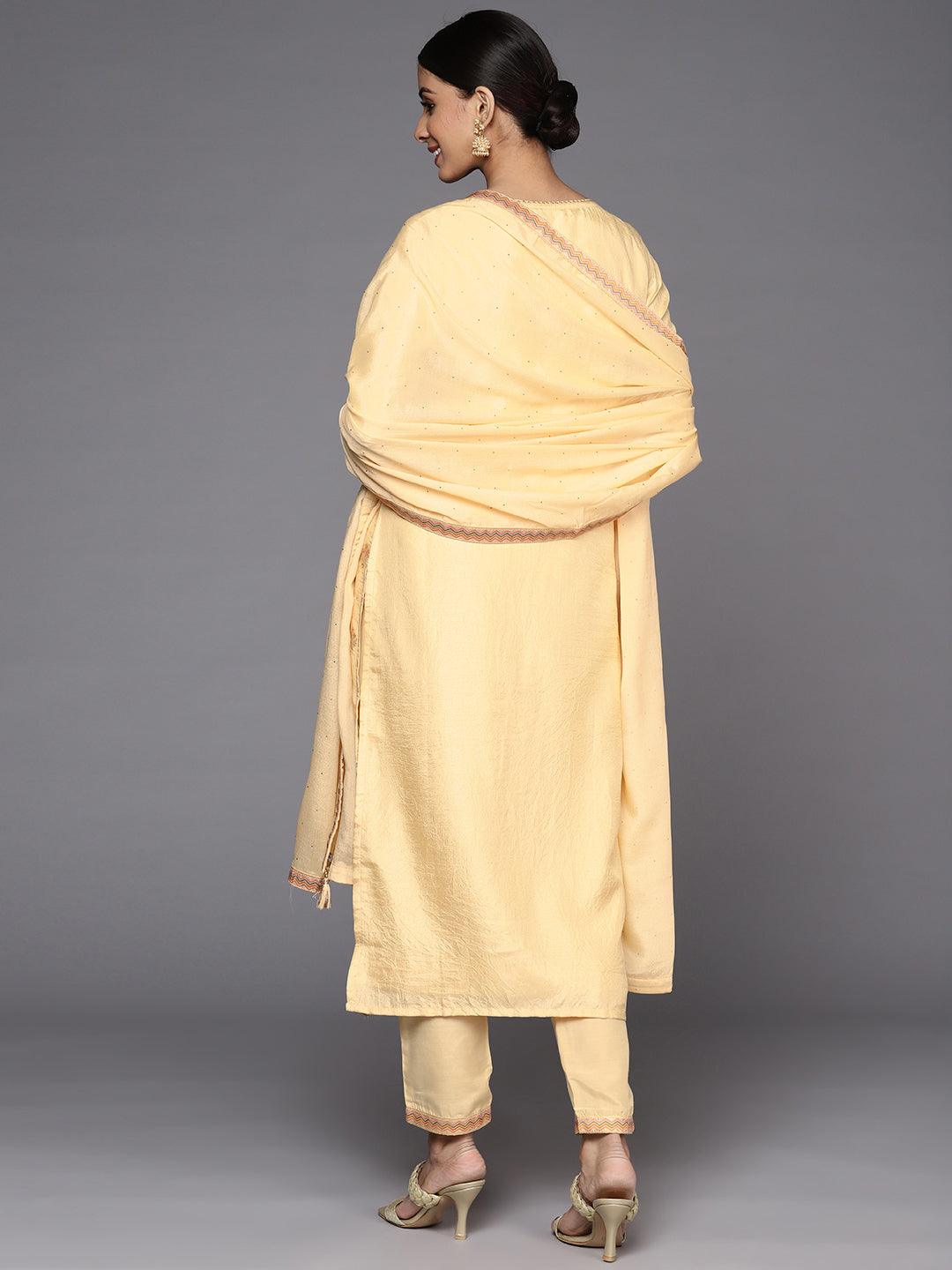 Yellow Woven Design Silk Straight Kurta With Dupatta