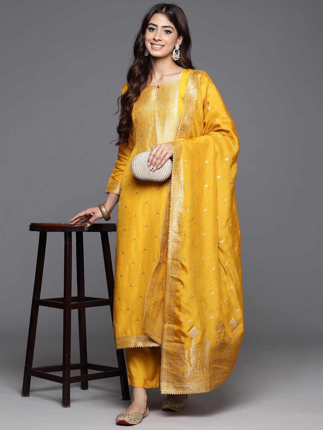 Yellow Woven Design Silk Straight Kurta With Trousers & Dupatta - Libas