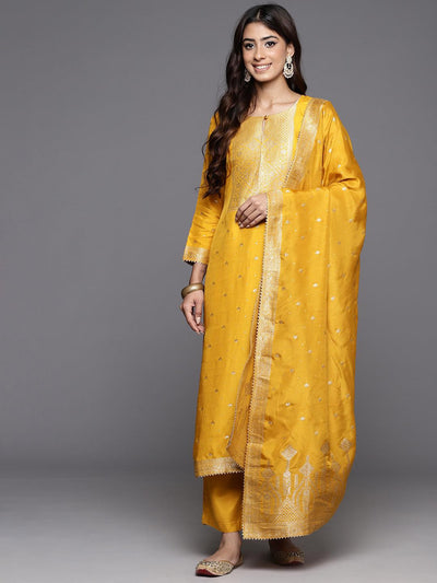 Yellow Woven Design Silk Straight Kurta With Trousers & Dupatta - Libas