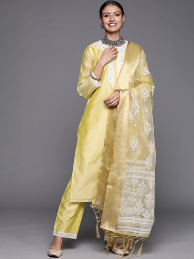 Yellow Yoke Design Chanderi Silk Straight Suit Set - Libas
