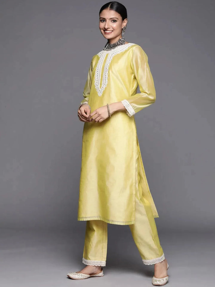 Yellow Yoke Design Chanderi Silk Straight Suit Set - Libas