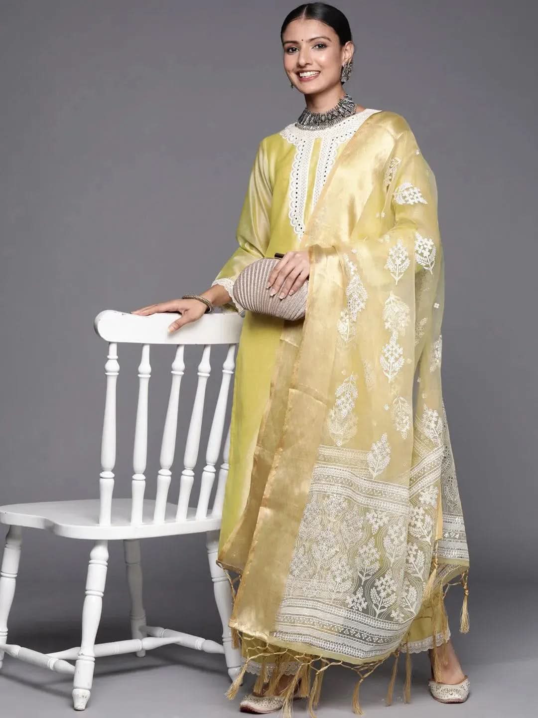 

Yellow Yoke Design Chanderi Silk Straight Kurta With Dupatta
