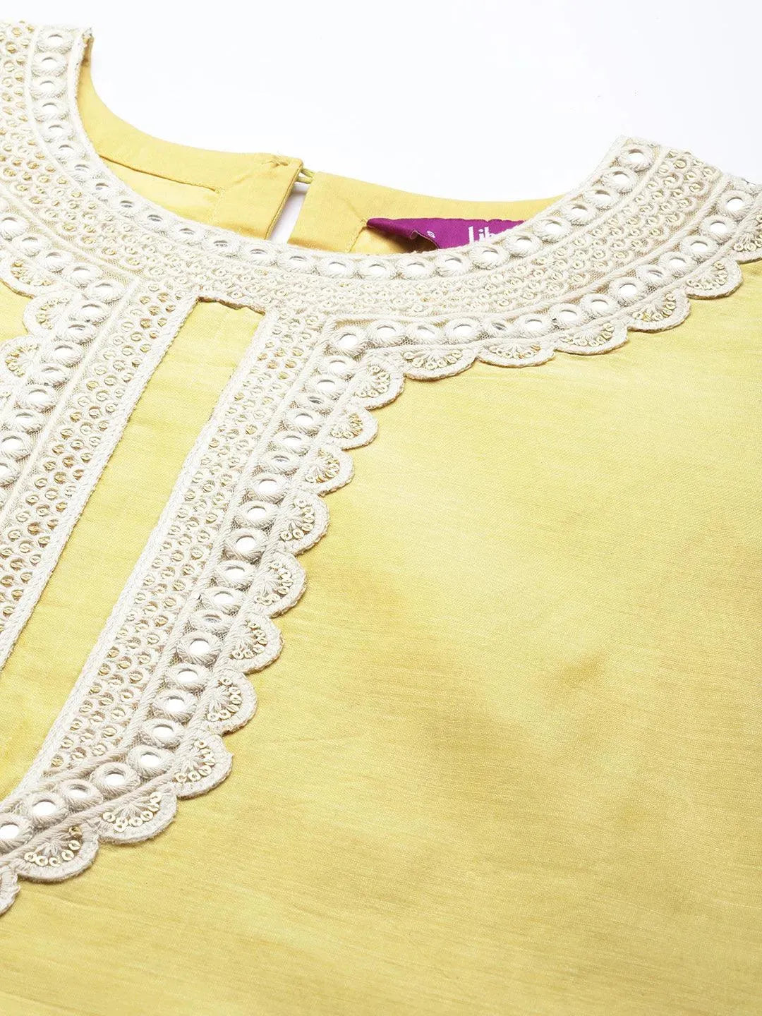 Yellow Yoke Design Chanderi Silk Straight Suit Set - Libas 
