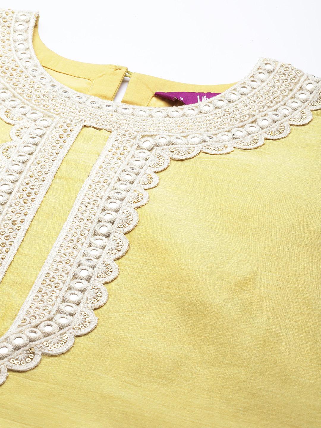 Yellow Yoke Design Chanderi Silk Straight Suit Set - Libas