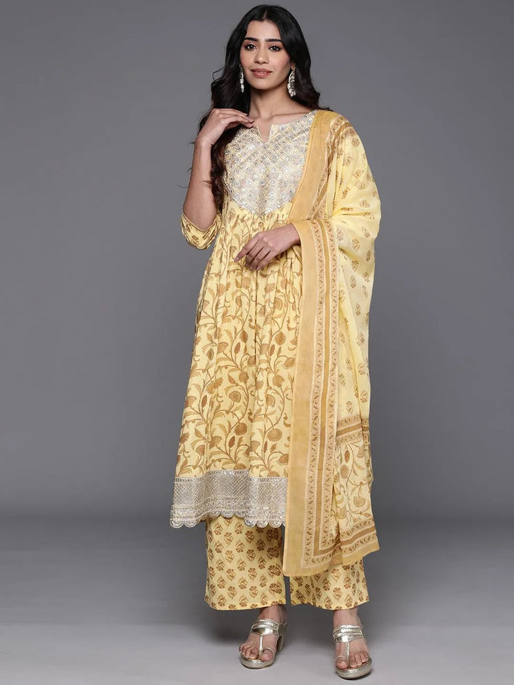 Yellow Yoke Design Cotton A-Line Kurta With Palazzos & Dupatta - Libas