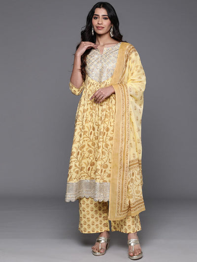 Casual Yellow & Green Maska Cotton Pant Suit With Dupatta