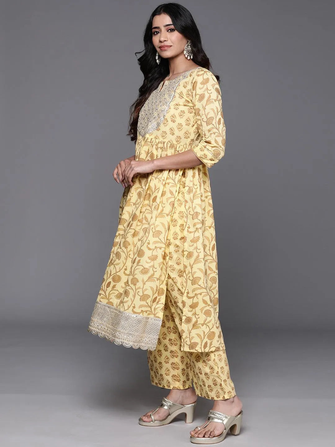 Yellow Yoke Design Cotton A-Line Kurta With Palazzos & Dupatta - Libas