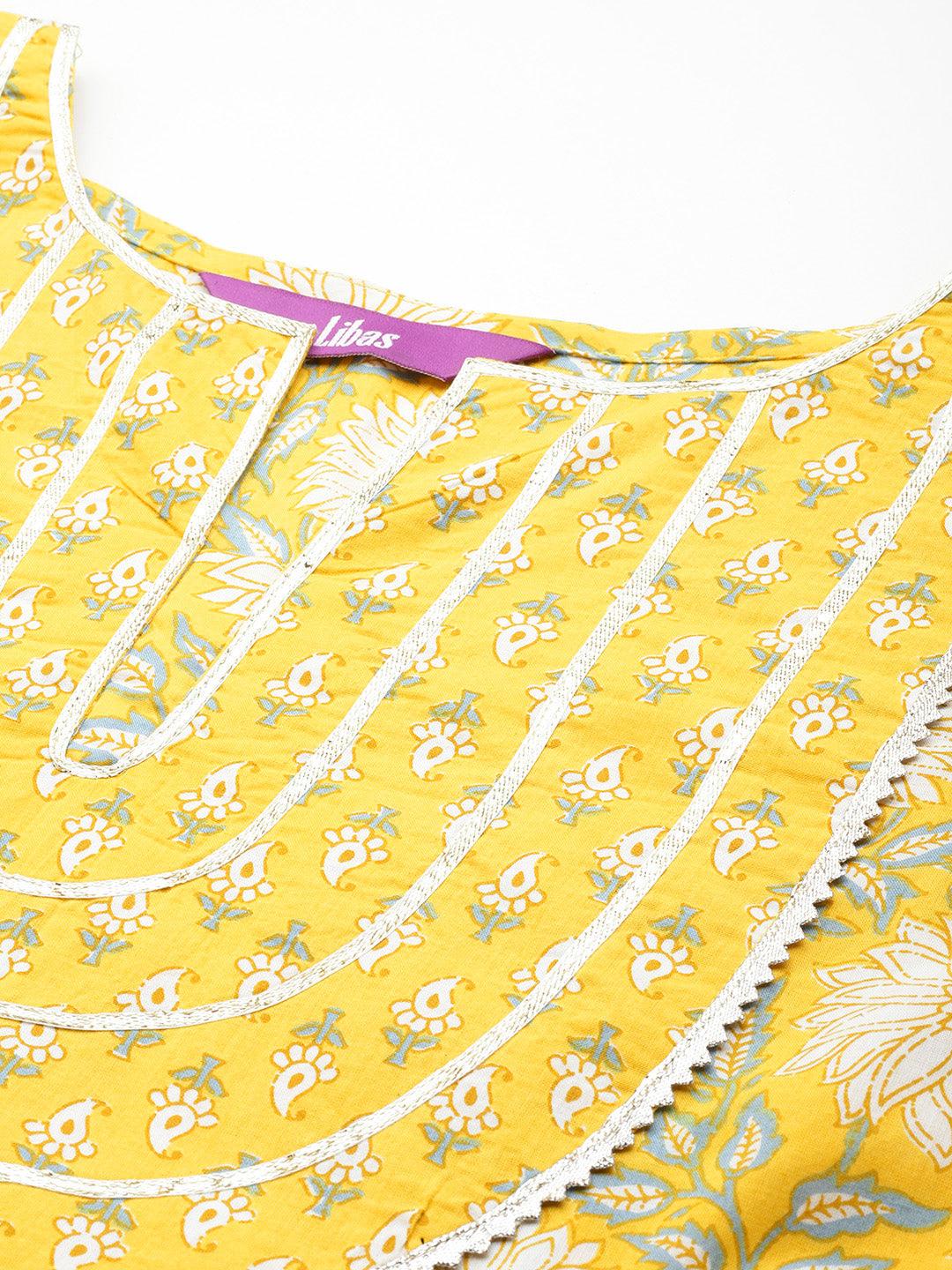 Yellow Yoke Design Cotton Anarkali Kurta With Trousers & Dupatta