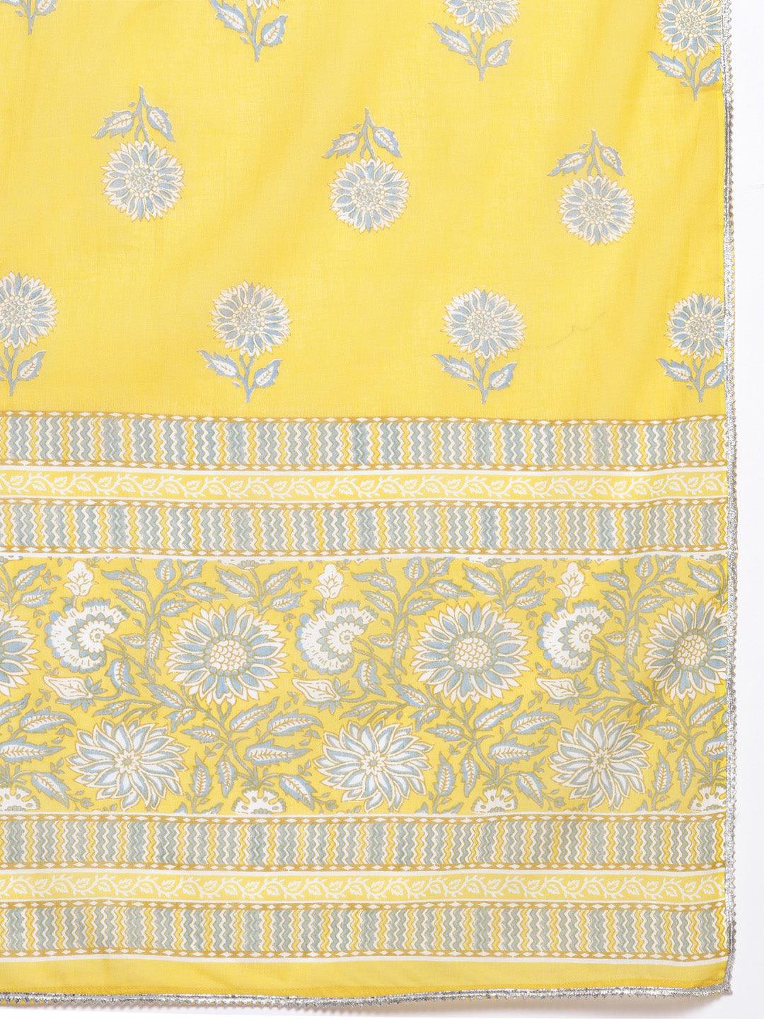 Yellow Yoke Design Cotton Anarkali Kurta With Trousers & Dupatta - Libas