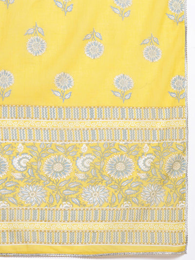 Yellow Yoke Design Cotton Anarkali Kurta With Trousers & Dupatta - Libas