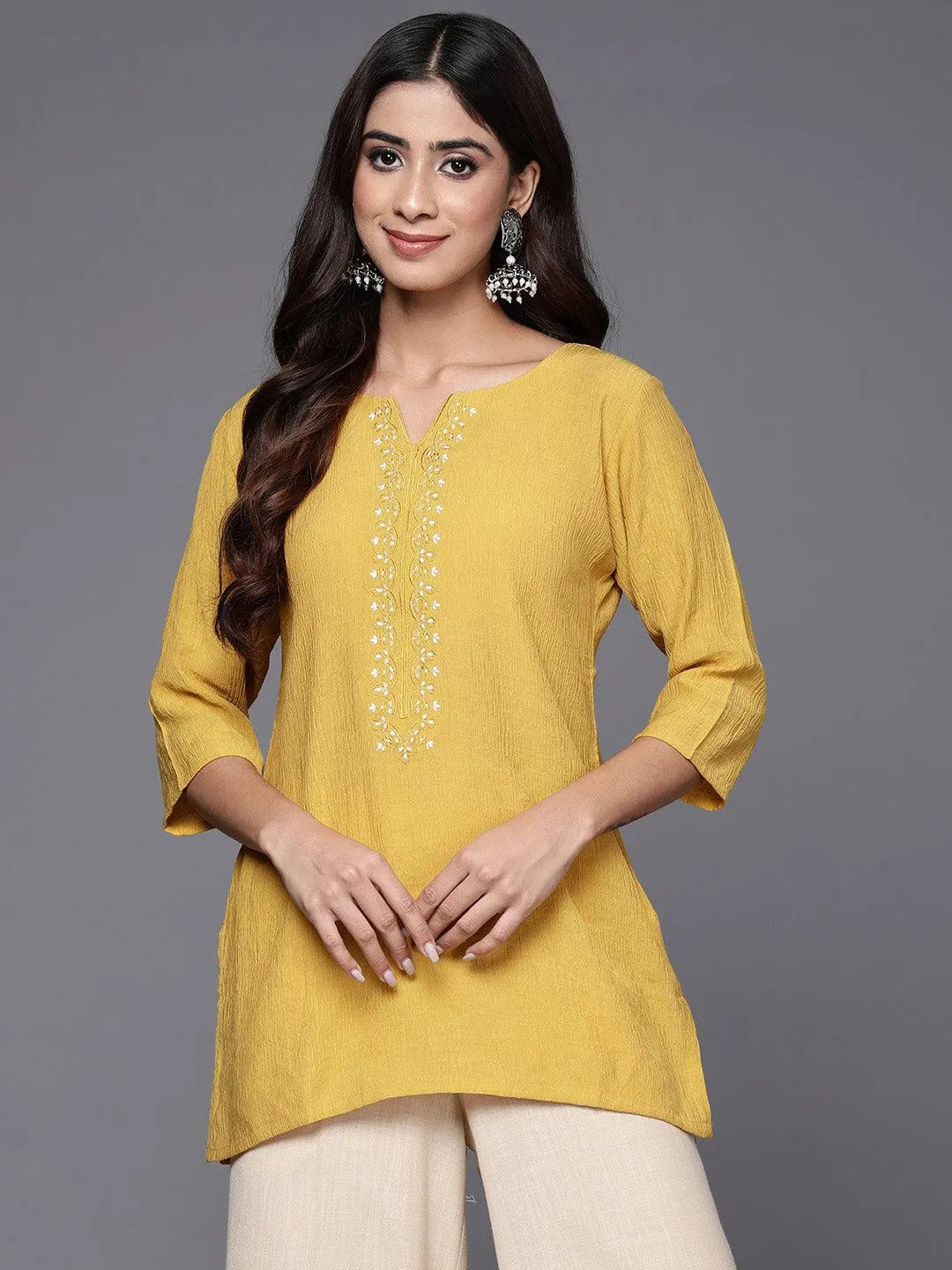Yellow Yoke Design Cotton Blend Straight Kurti - Libas 