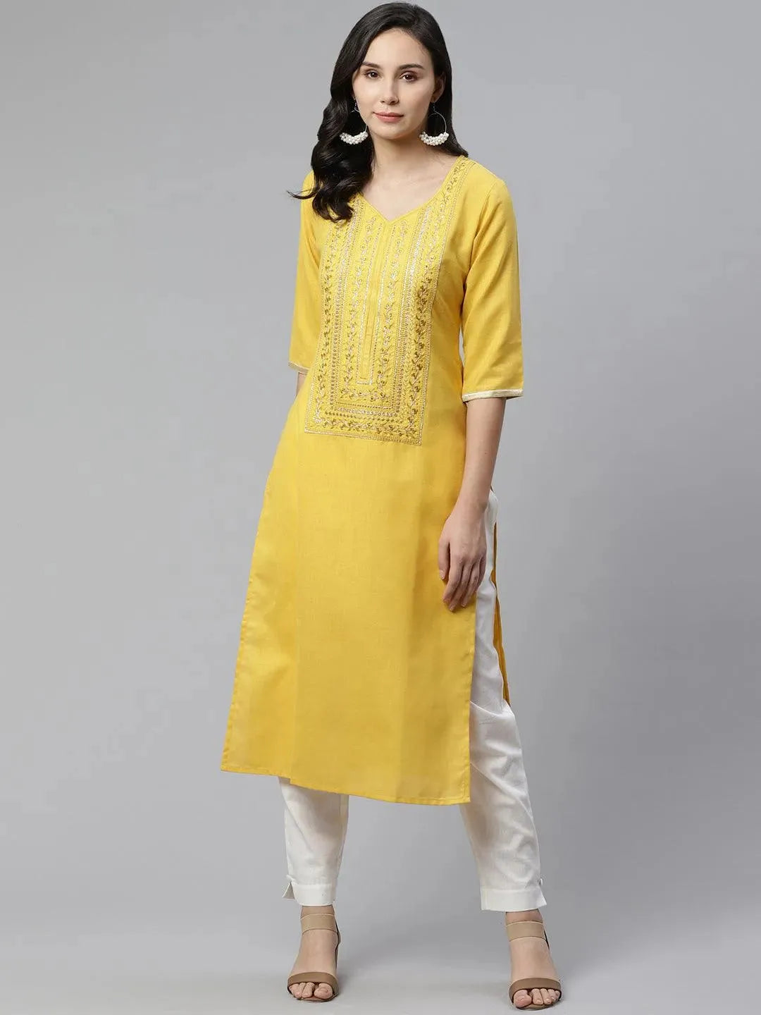 Yellow Yoke Design Cotton Kurta - Libas