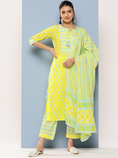 Yellow Yoke Design Cotton Straight Suit Set With Trousers - Libas