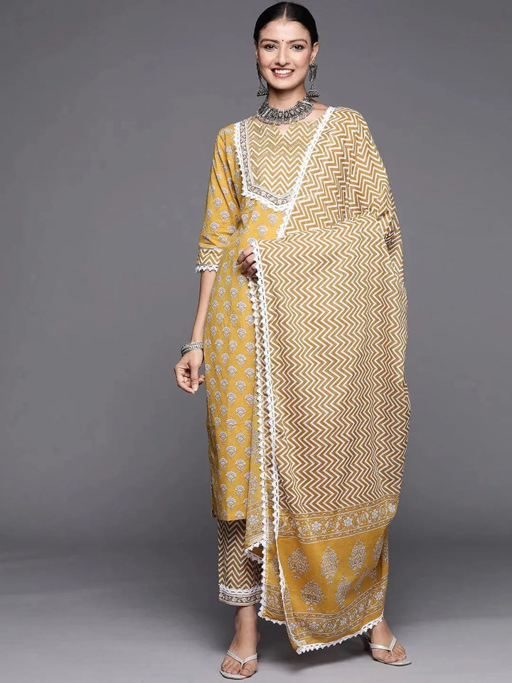 Yellow Yoke Design Cotton Straight Suit Set - Libas