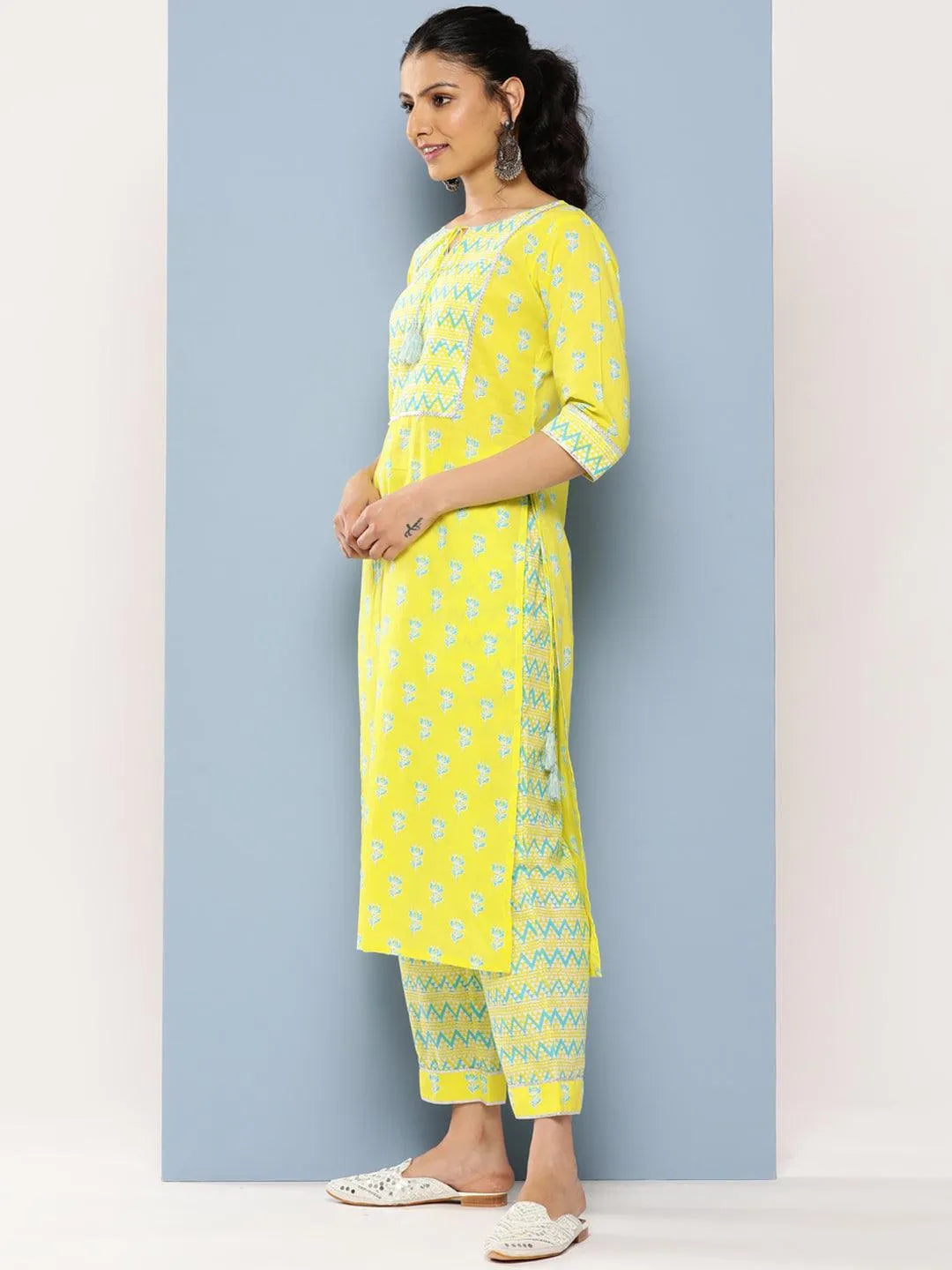 Yellow Yoke Design Cotton Straight Suit Set With Trousers - Libas 
