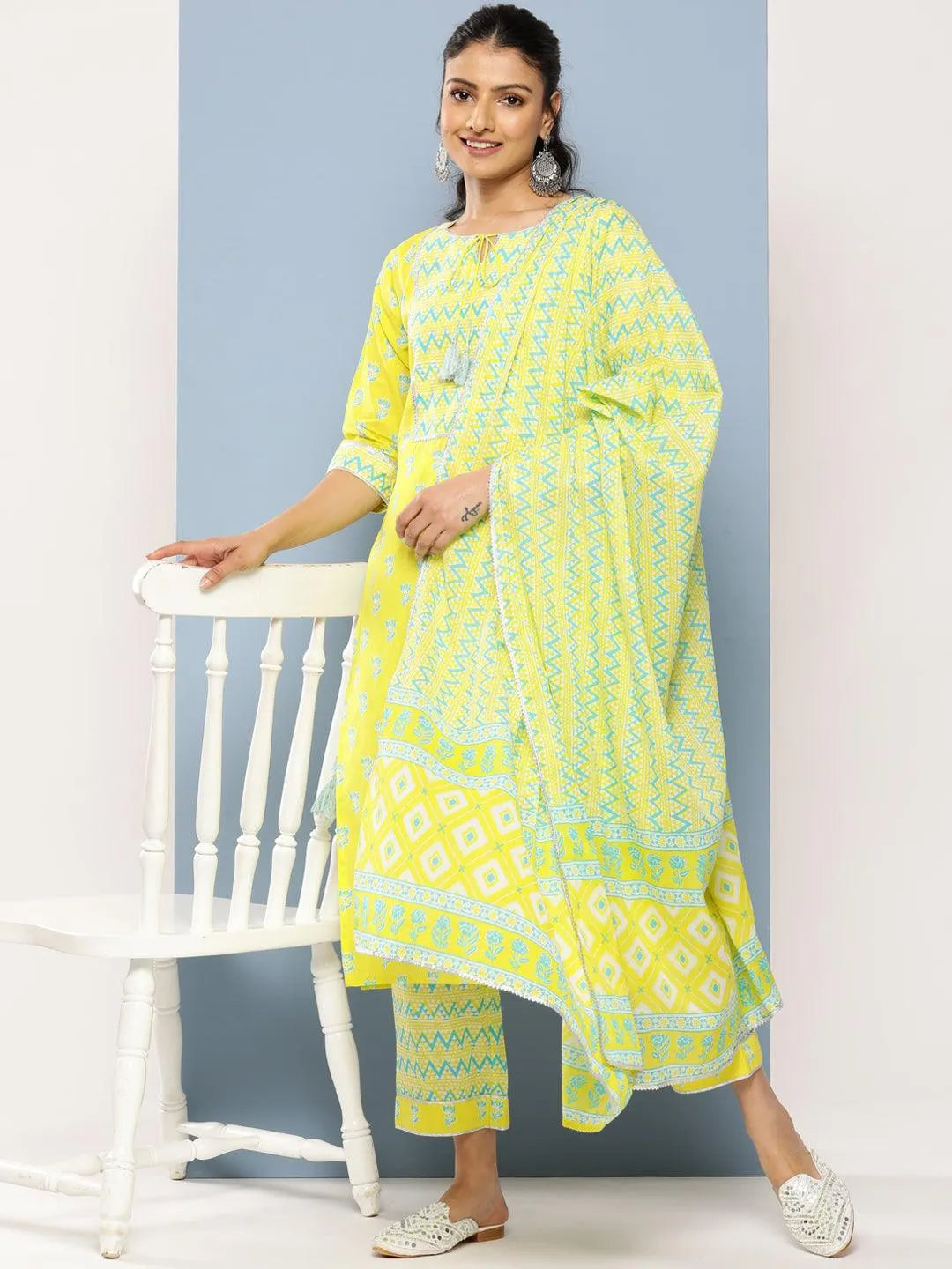 Yellow Yoke Design Cotton Straight Suit Set With Trousers - Libas 