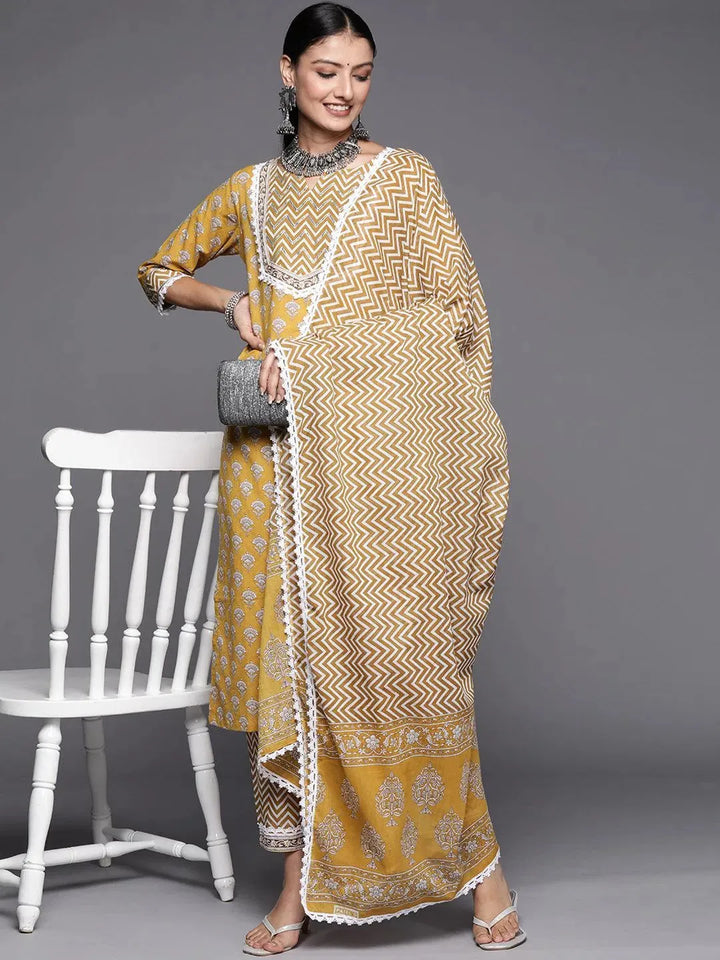 Yellow Yoke Design Cotton Straight Suit Set - Libas
