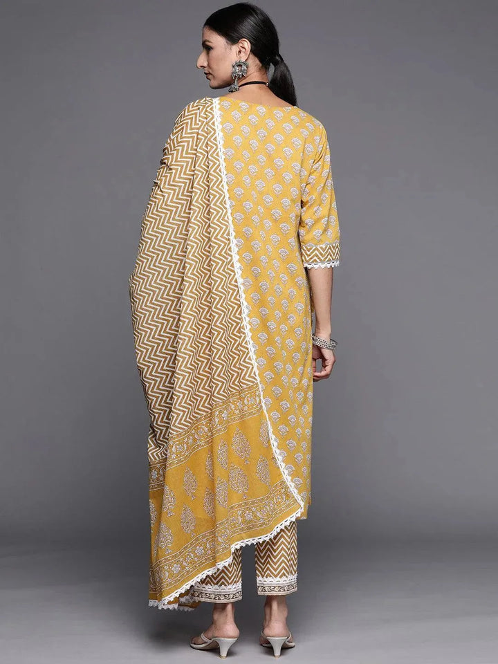 Yellow Yoke Design Cotton Straight Suit Set - Libas