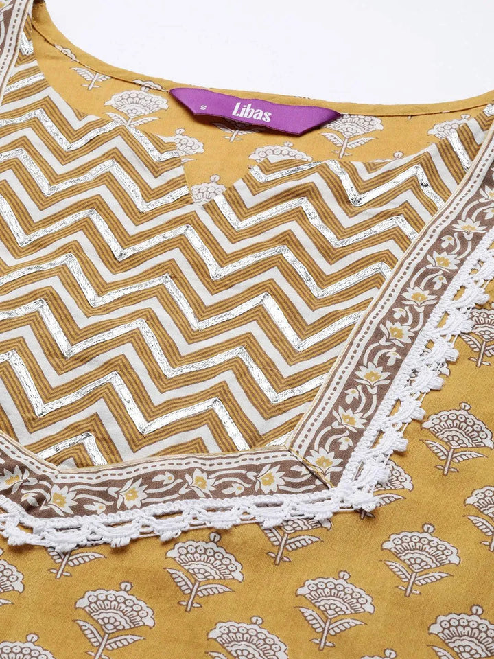 Yellow Yoke Design Cotton Straight Suit Set - Libas