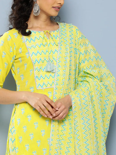 Yellow Yoke Design Cotton Straight Suit Set With Trousers - Libas