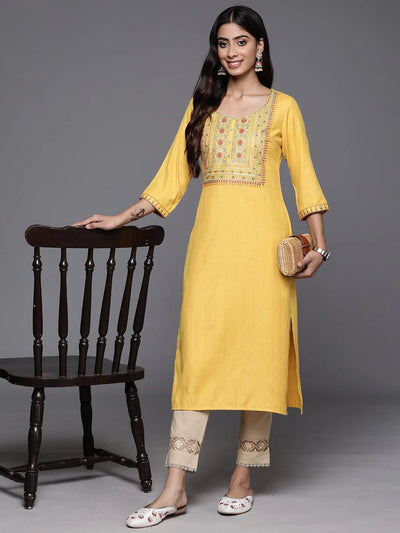 Yellow Yoke Design Rayon Straight Kurta - Libas