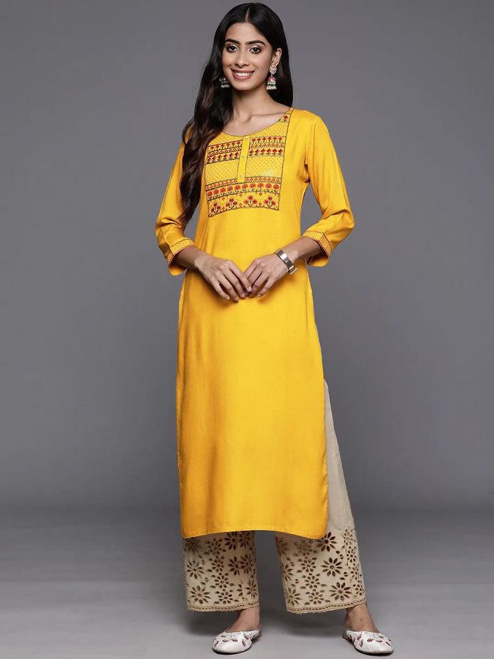 Yellow Yoke Design Rayon Straight Kurta - Libas