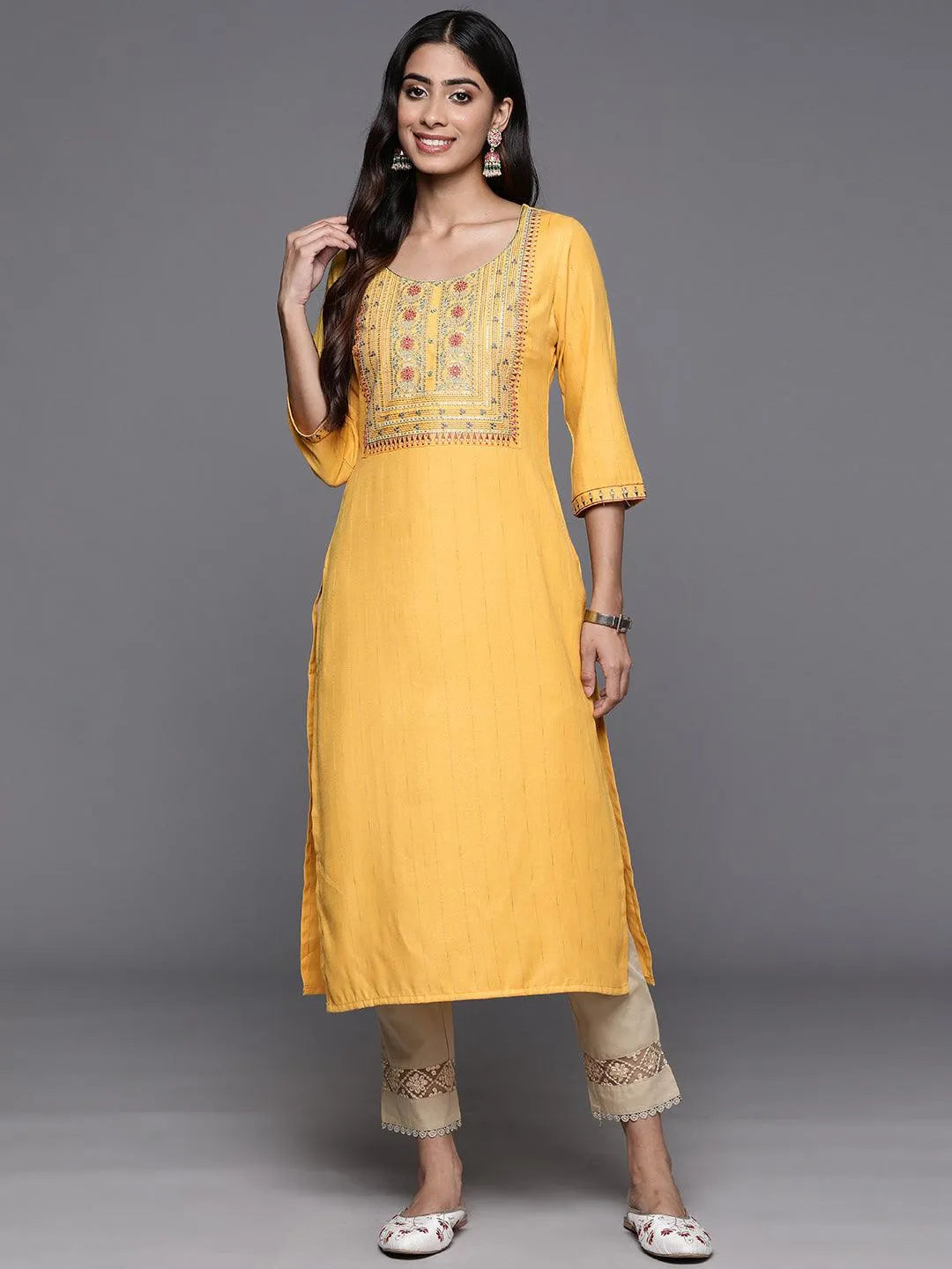 Yellow Yoke Design Rayon Straight Kurta - Libas