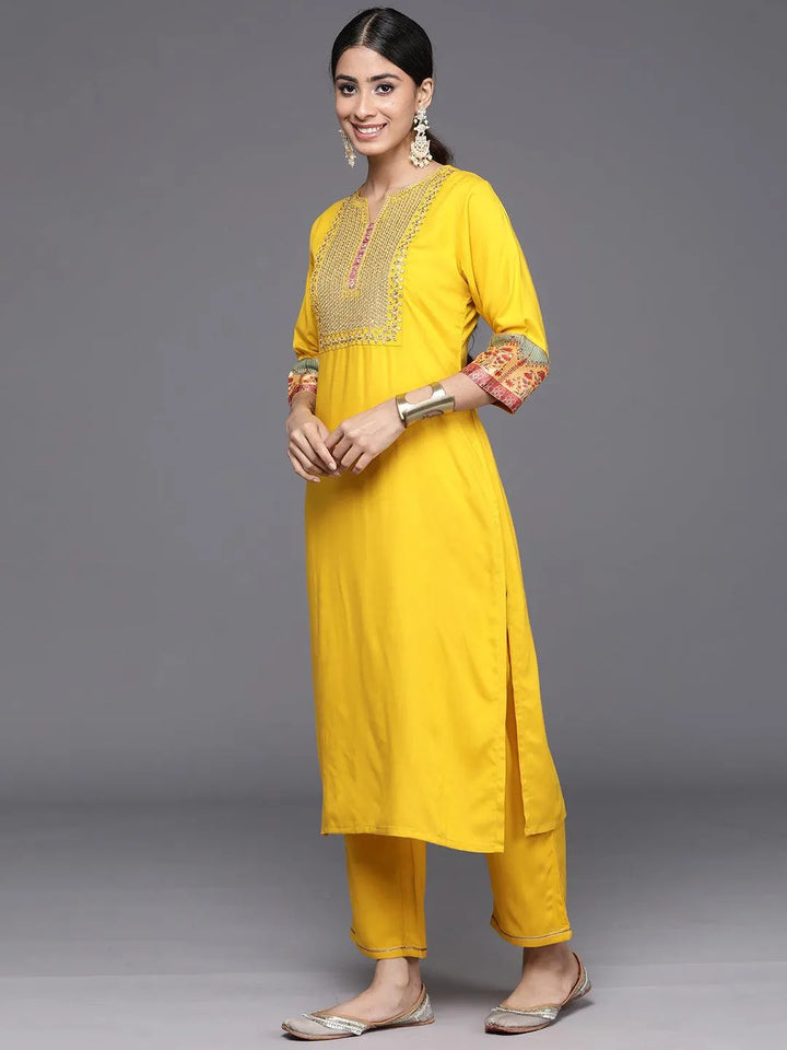 Yellow Yoke Design Rayon Straight Kurta With Trousers & Dupatta - Libas