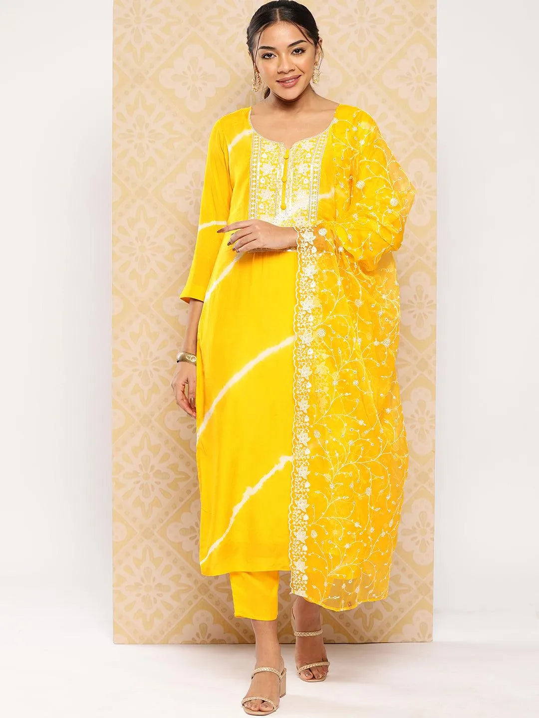 Yellow Yoke Design Silk Blend Kurta With Trousers & Dupatta - Libas 