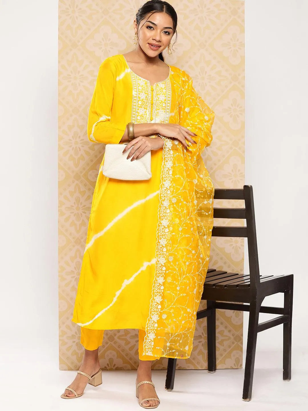 Yellow Yoke Design Silk Blend Kurta With Trousers & Dupatta - Libas 