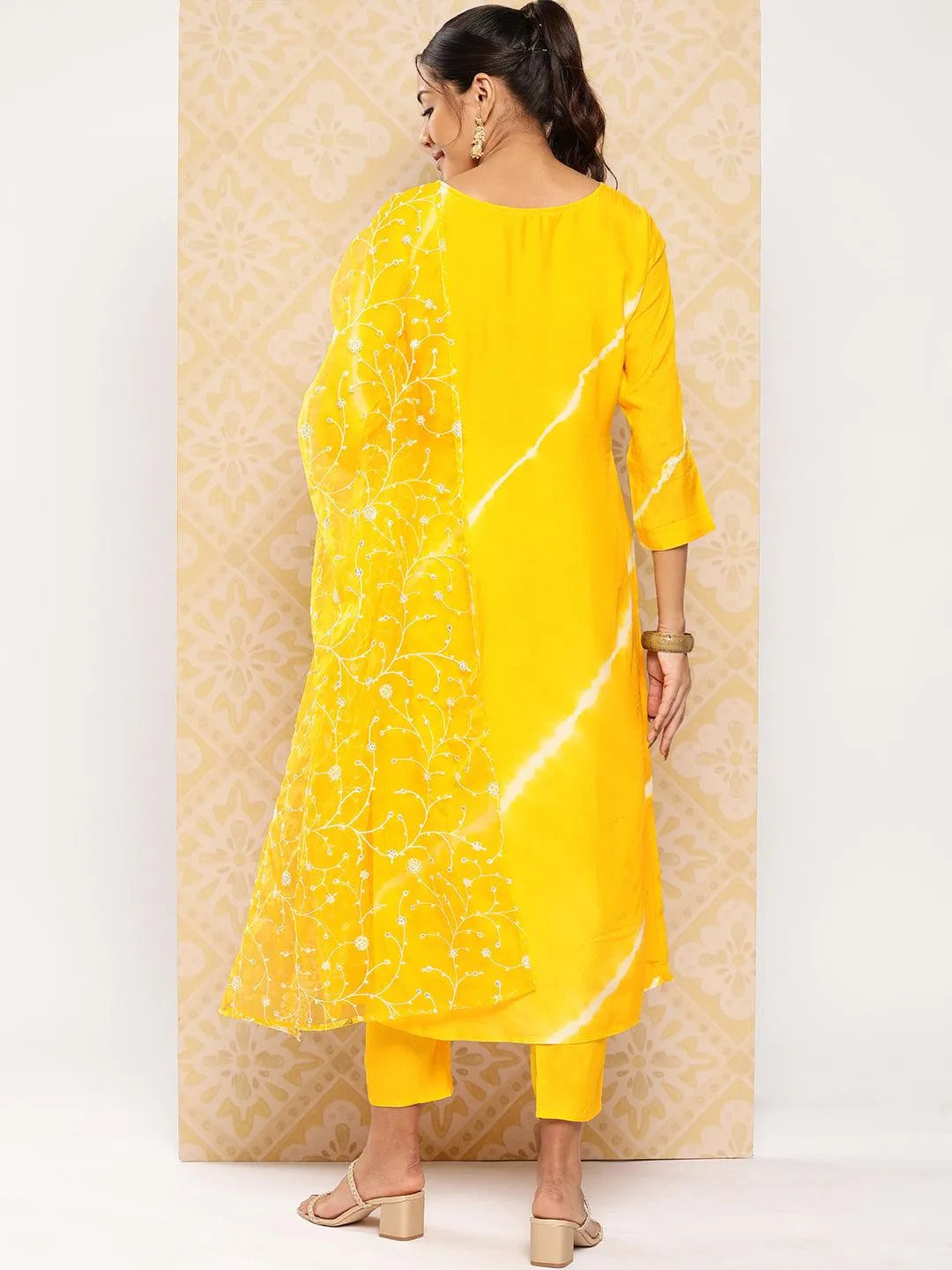 Yellow Yoke Design Silk Blend Kurta With Trousers & Dupatta - Libas 
