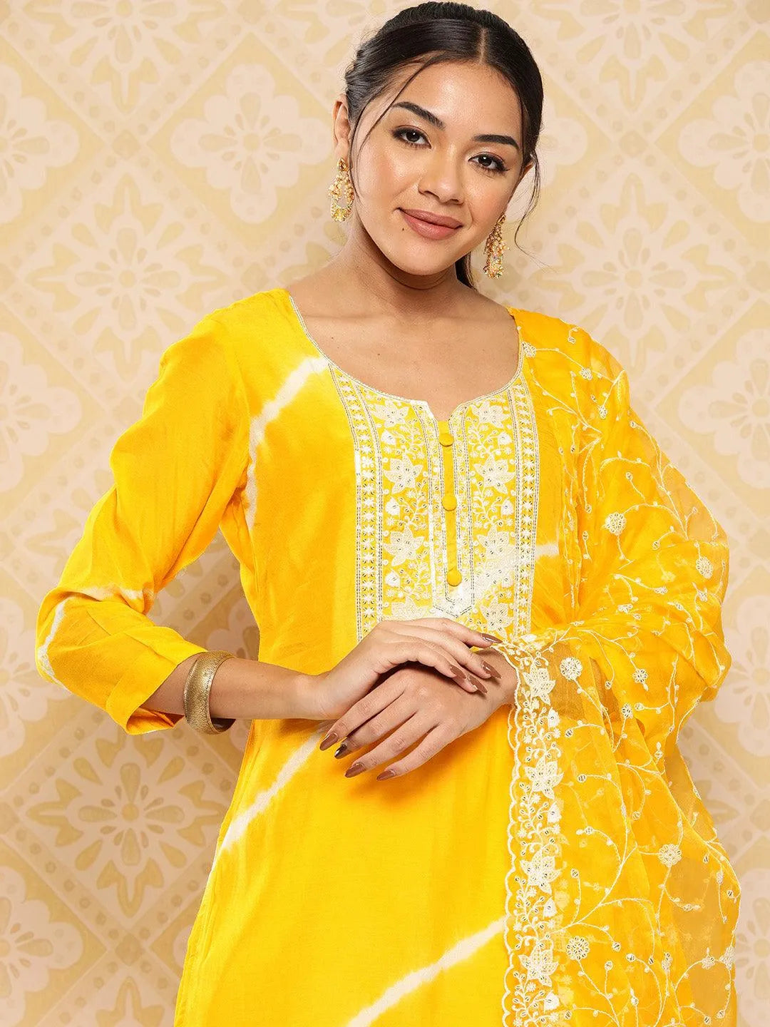 Yellow Yoke Design Silk Blend Kurta With Trousers & Dupatta - Libas 