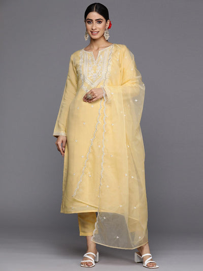 Yellow Yoke Design Silk Blend Straight Suit Set With Trousers - Libas