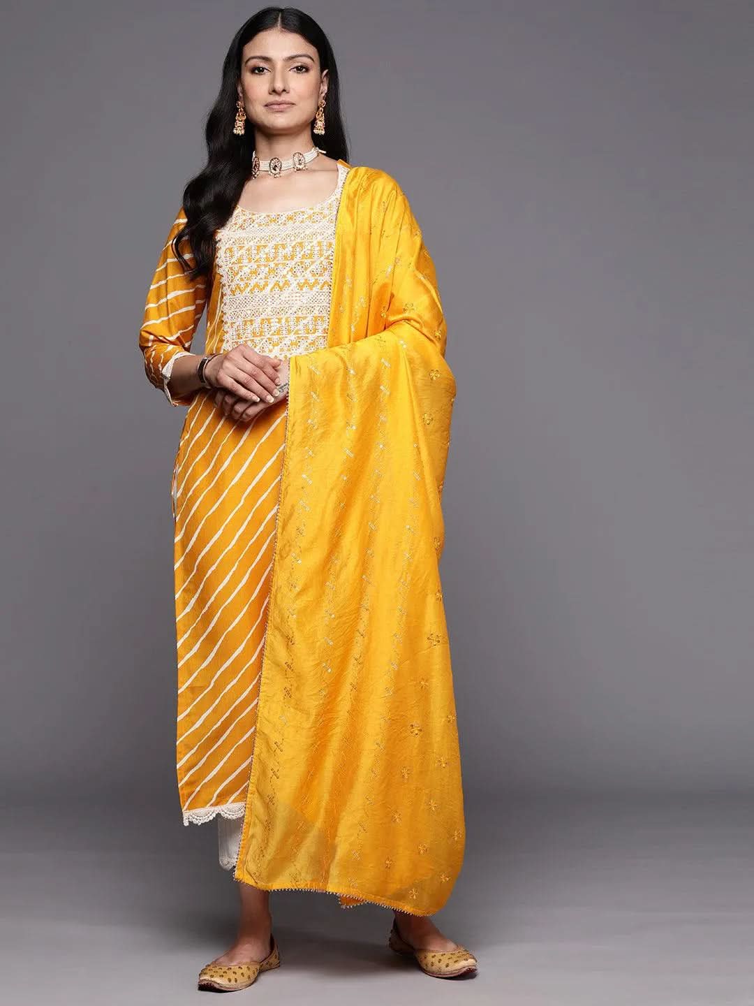 Yellow Yoke Design Silk Blend Straight Suit Set With Trousers - Libas 