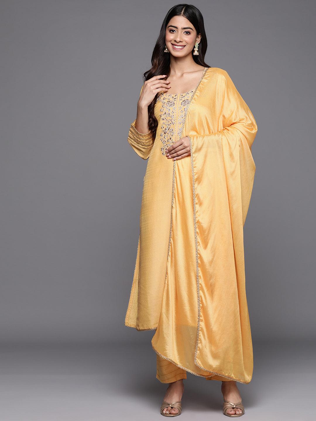 Yellow Yoke Design Silk Blend Straight Suit Set With Trousers - Libas