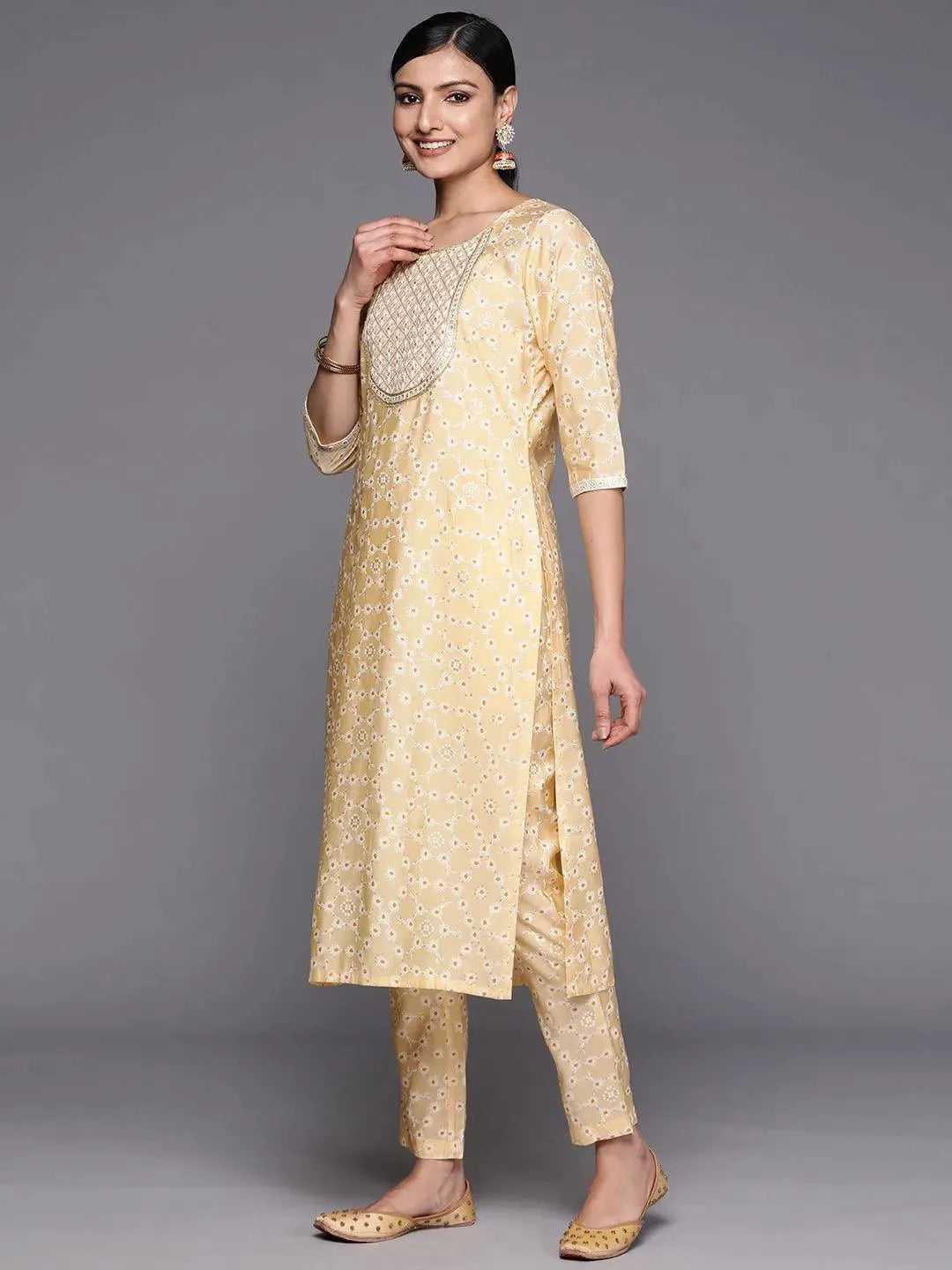 Yellow Yoke Design Silk Blend Straight Suit Set With Trousers - Libas 