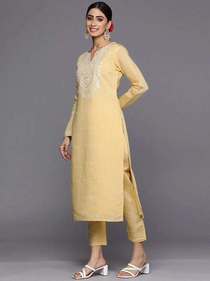 Yellow Yoke Design Silk Blend Straight Suit Set With Trousers - Libas