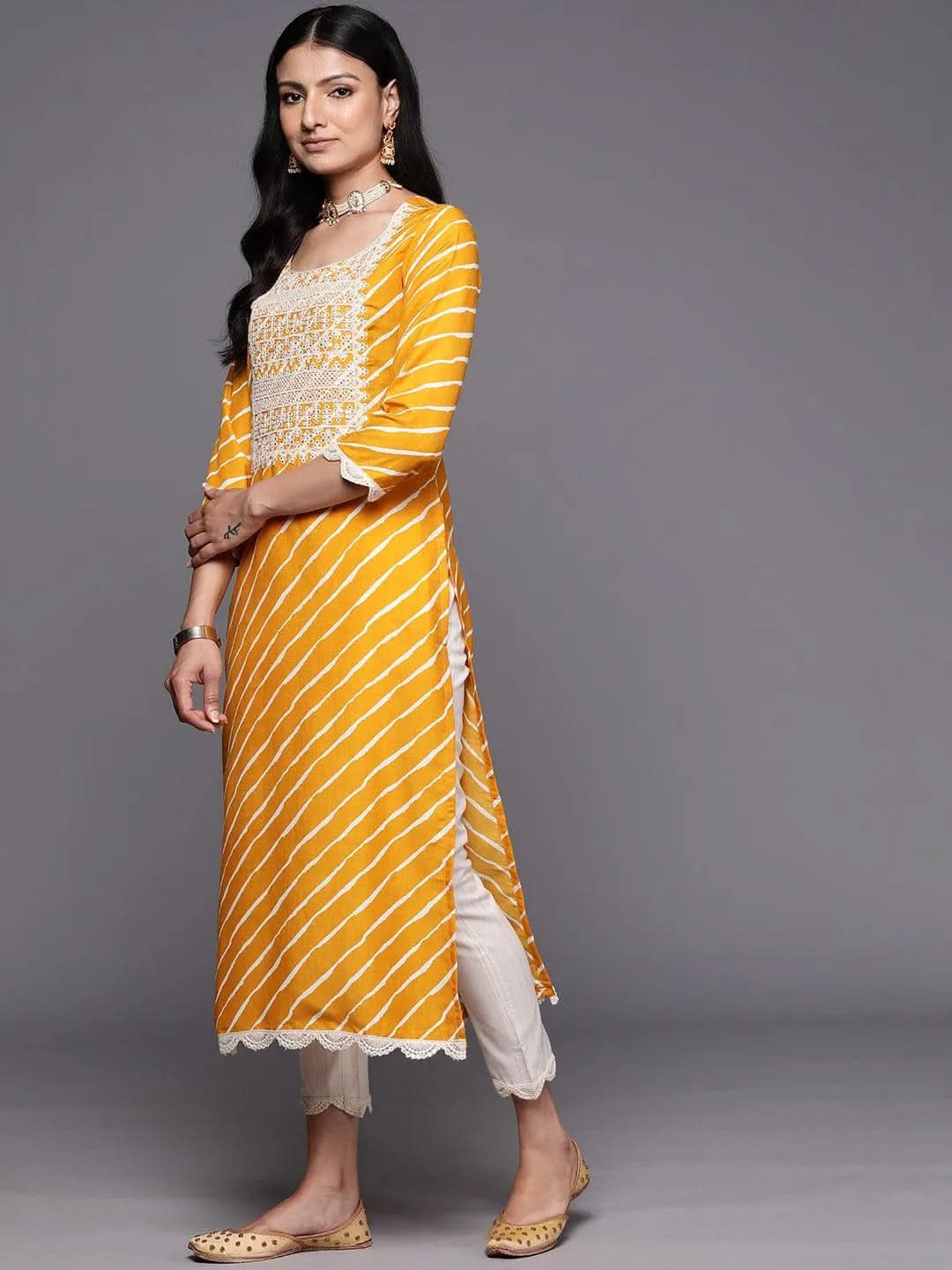 Yellow Yoke Design Silk Blend Straight Suit Set With Trousers - Libas 