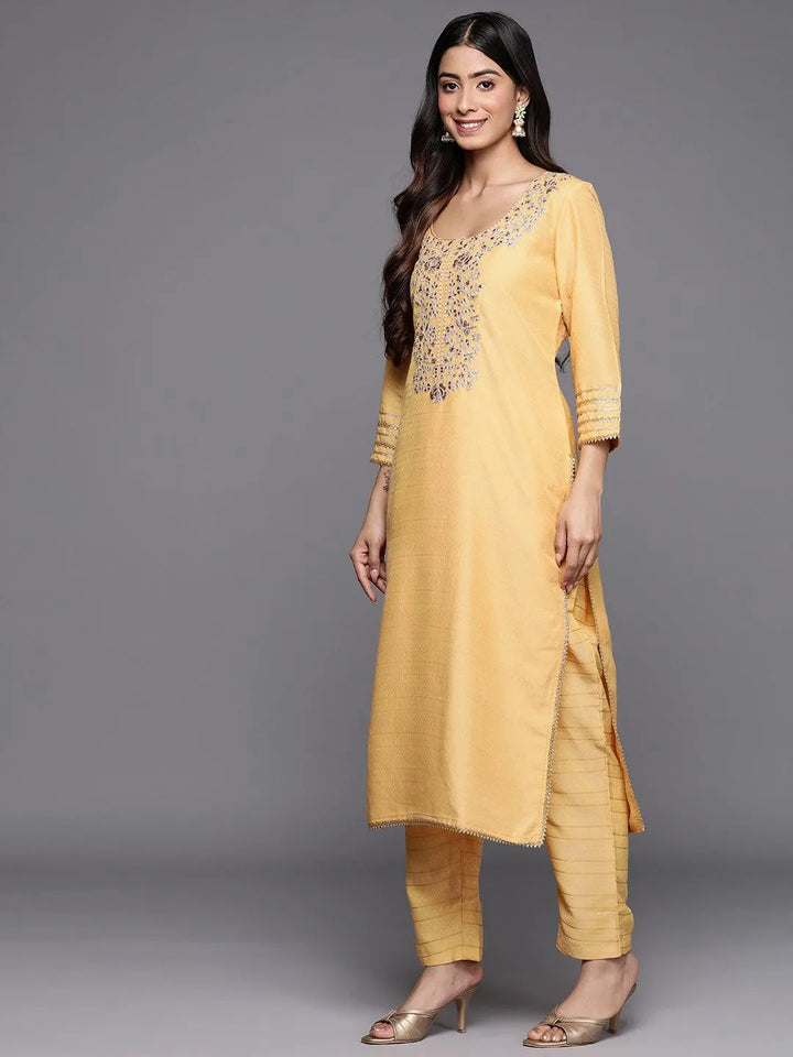 Yellow Yoke Design Silk Blend Straight Suit Set With Trousers - Libas