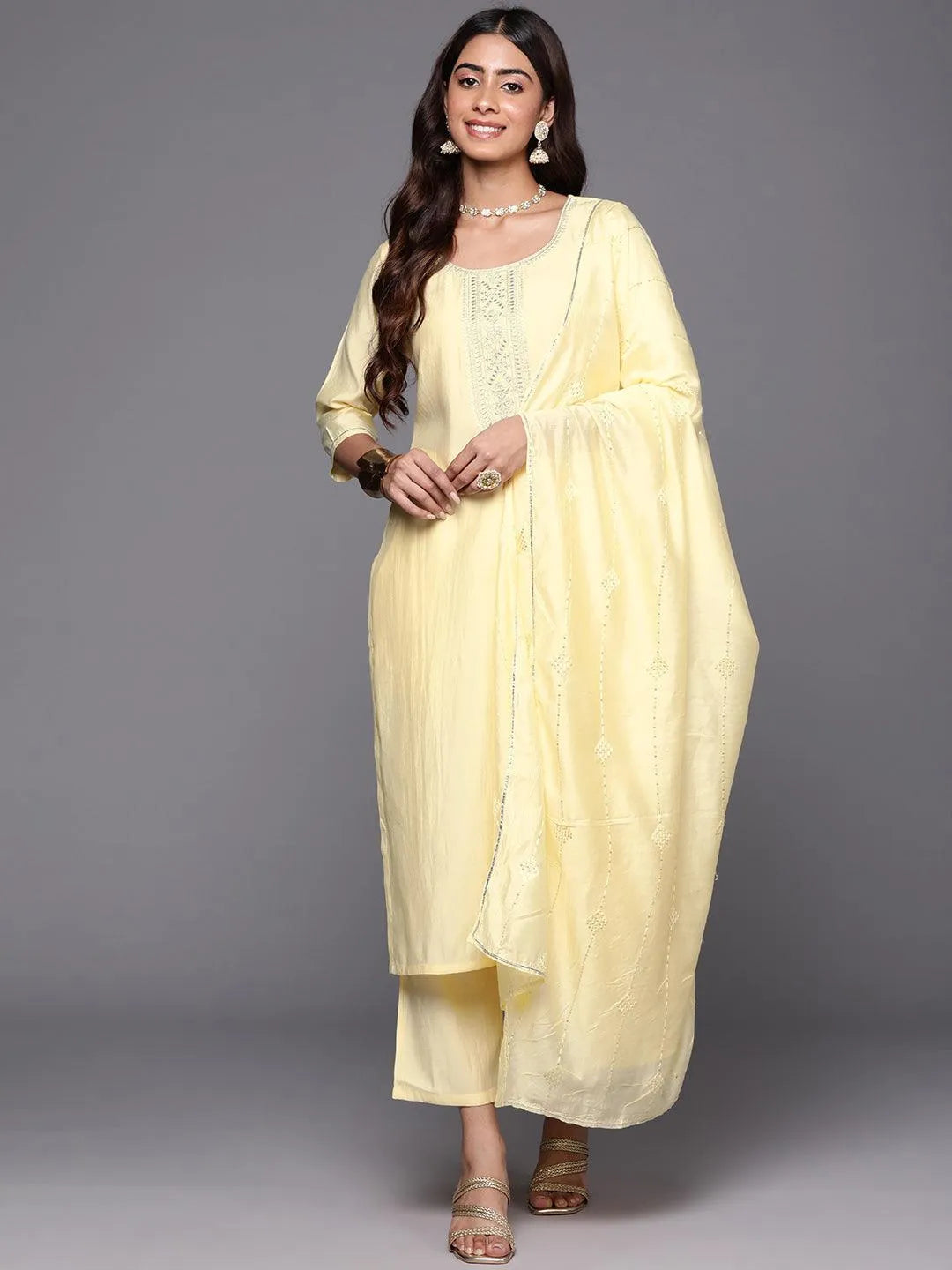 Yellow Yoke Design Silk Blend Straight Kurta With Trousers & Dupatta - Libas 